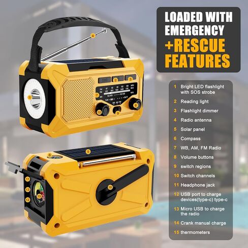 10000mAh Emergency Hand Crank Radio with LED Flashlight, AM/FM NOAA Portable Weather Alert Radio, Solar Powered Radio with Phone Charger, USB Charged, Headphone Jack, SOS Alarm, Compass for Outdoors in Kuwait