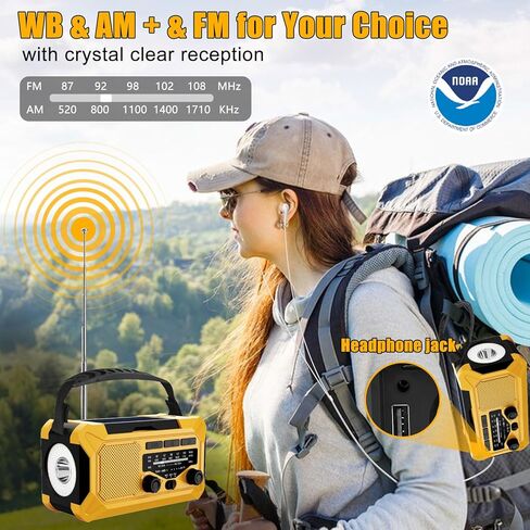 10000mAh Emergency Hand Crank Radio with LED Flashlight, AM/FM NOAA Portable Weather Alert Radio, Solar Powered Radio with Phone Charger, USB Charged, Headphone Jack, SOS Alarm, Compass for Outdoors in Kuwait