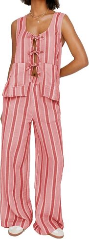 ROAONOCOMO Women Y2K Tie Front 2 Piece Pants Outfit Striped Open Front Vest Top Wide leg Lounge Pants Summer Going Out Set in Saudi Arabia