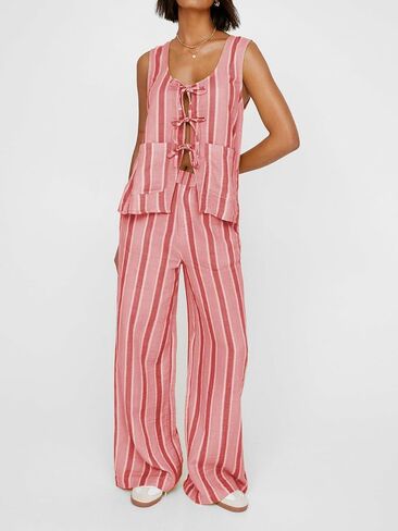 ROAONOCOMO Women Y2K Tie Front 2 Piece Pants Outfit Striped Open Front Vest Top Wide leg Lounge Pants Summer Going Out Set in Saudi Arabia