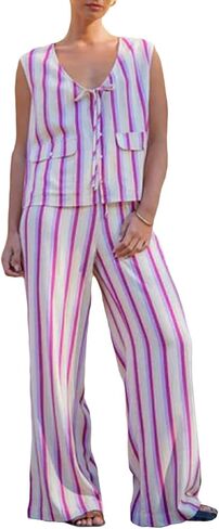 ROAONOCOMO Women Y2K Tie Front 2 Piece Pants Outfit Striped Open Front Vest Top Wide leg Lounge Pants Summer Going Out Set in Saudi Arabia