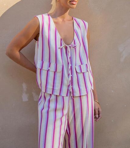 ROAONOCOMO Women Y2K Tie Front 2 Piece Pants Outfit Striped Open Front Vest Top Wide leg Lounge Pants Summer Going Out Set in Saudi Arabia