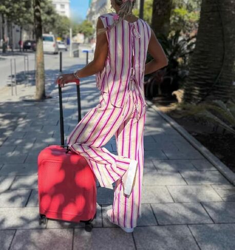 ROAONOCOMO Women Y2K Tie Front 2 Piece Pants Outfit Striped Open Front Vest Top Wide leg Lounge Pants Summer Going Out Set in Saudi Arabia
