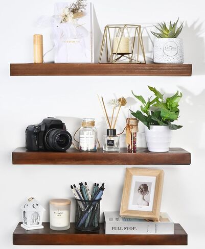 Wood Floating Shelves Set of 3 - Rustic Shelf 22 inch - Floating Shelf for Wall Mounted - Wide Wooden Wall Shelves for Living Room Bedroom Kitchen Bathroom - Black Walnut in Saudi Arabia