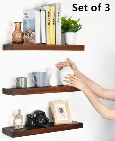 Wood Floating Shelves Set of 3 - Rustic Shelf 22 inch - Floating Shelf for Wall Mounted - Wide Wooden Wall Shelves for Living Room Bedroom Kitchen Bathroom - Black Walnut in Saudi Arabia