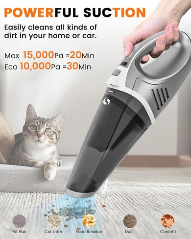 Handheld Vacuum Cordless, Car Vacuum Portable Cordless 15000Pa High Power, Hand Vacuum 2-Speed Brushless, Car Vacuum with LED, Rechargeable Mini Vacuum Cleaner for Car, Home, Office, Pet in Kuwait