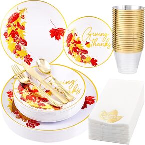 Hioasis 175pcs Thanksgiving Plastic Plates - White and Gold Disposable Plates include 25 Dinner Plates-25 Dessert Plates-25 Knives-25 Forks-25 Spoons-25 Cups-25 Napkins for Thanksgiving Party
