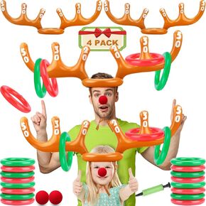 4 Pack Inflatable Reindeer Antler Ring Toss Game - Christmas Themed Party Game - Funny Reindeer Hat Ring Toss Game for Xmas Party - 4 Inflatable Antlers, 24 Rings(Ages: 4 Years & Up)