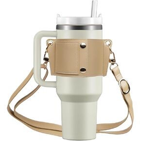 حامل بهلوان مع حزام، حامل أكواب قهوة من الجلد قابل لإعادة الاستخدام، أكياس زجاجات مياه للمشروبات مع حزام قابل للتعديل من أجل يتي وستانلي 30 أونصة و40 أونصة (كاكي) in Kuwait