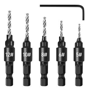 5 Piece Countersink Drill Bit Set for Woodworking, Fixinus 1/4" Hex Shank HSS Counterbore Hole Drill Bit, 5/6/8/10/12# Counter Sinker Set with L Wrench