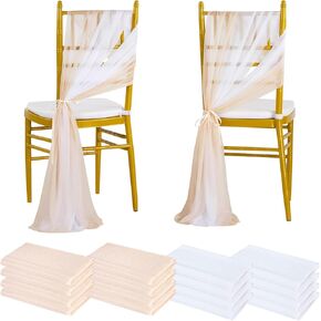 MoKoHouse Wedding Chair Sashes Aisle Covers: Chiffon Chair Covers 16 Packs 8ft Sheer White Beige Drapes Bulk for Ceremony Reception Decor