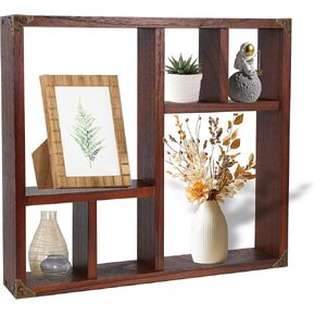 17.7x15.7-Inch Shadow Box Display Shelf，6-Slot Rustic Floating Shelves，Larger Wood Shelf Trinket Shelf Freestanding Farmhouse Shelf Curio Shelf(6C-Rustic White)