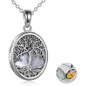 YFN Locket Necklace that Holds Pictures Sterling Silver Black Onyx Tree of Life Locket Necklace Oval Locket Pendant Jewelry for Women Girls