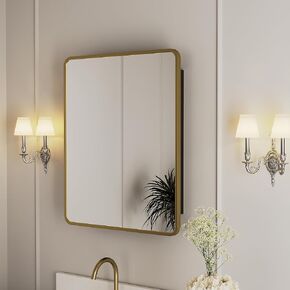 20x28 Inch Gold Metal Framed Bathroom Medicine Cabinet with Mirror Farmhouse Recessed or Surface Wall Mounted Gold Rectangular Medicine Cabinets for Bathroom