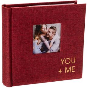 Malden International Designs 1 Up 4x6 You + Me Cranberry Red Fabric Photo Album With Memo Writing Areas Hard Cover 3 x 3 inch Front Cover Photo Pocket