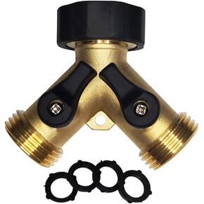 HQMPC Garden Hose Y Valve Hose Splitter Brass Hose Splitter With Stainless Steel Long Handle Brass Y Valve Water Garden Hose Adapter 2 Way Y Valve 3/4" GHT Thread