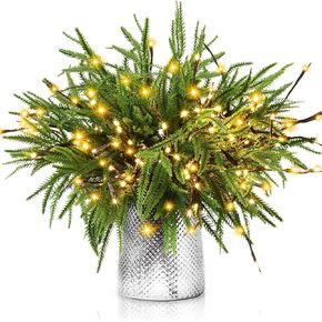Duraaamo 15 Pcs Christmas Norfolk Pine Branches with Branch Lights Set 23.6" Artificial Xmas Norfolk Branches USB Plug Lighted Branches Norfolk Pine Stems for DIY Craft Vase Indoor Outdoor Home Decor