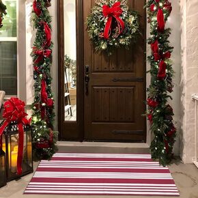 USTIDE Red and White Striped Rug 23.6'' x 35''Cotton Hand-Woven Reversible Outdoor Rug Washable Welcome Mats for Front Porch/Entryway/Laundry/Bathroom/Bedroom