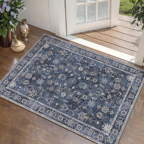 Floral Rug 2x3 Washable Rug,Vintage Floral Rug Indoor Boho Rug,Non-Slip Print Distressed Green Rug for Entryway, Soft Low Pile Small Area Rug for Front Door Kitchen Bedroom