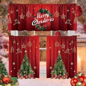 Christmas Curtain Valances Set Decoration, Suitable for Kitchen, Bedroom, 52lx18w Inch 26lx36w Inch X2, Wreath Xmas Tree Holiday 3-Panel Set