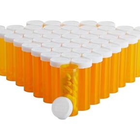 50 Pack Empty Pill Bottles with Snap Caps - Prescription Medication Containers - Plastic Medicine Vials - Pill Cases Dispenser Organizers (Amber, 20 Dram)
