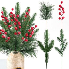 24 Pcs Christmas Artificial Pine Picks and Red Berry Stems, 10.5 Inch Greenery Pine Sprigs, 8 Inch Red Berry Branches, Faux Holiday Floral Picks for Wreaths, Garlands, Craft DIY, and Xmas Decorations