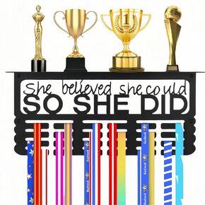 Medal Hanger Display with Trophy Shelf, Metal Trophy Shelf, Easy to Install Medal Hanger, Awards Rack for Walls Holds 70 Medals, Holder for Running Wrestling Soccer Medals