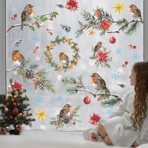 Whaline 9 Sheets Christmas Window Cling Sticker Winter Bird Pine Branch Reusable Window Decals for Home Office Classroom Party Decor