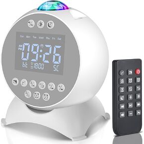 Kids Alarm Clock Star Projector, Galaxy Night Light Projector Kids, Bluetooth Speaker Alarm Clock Bedroom 14 White Noise Sounds 21 Projection Snooze Auto-Off Timer Remote Control, White