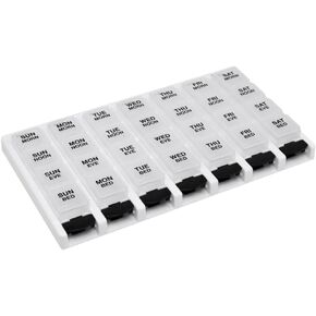Remind N' Time Weekly (7-Day) Pill Organizer, Vitamin and Medicine Box, 2X-Large Push Button Compartments, 4 Times a Day, Clear Lids