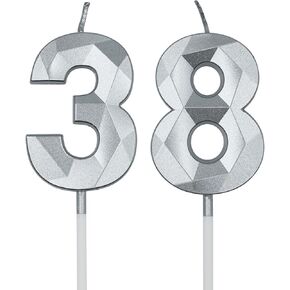 38th & 83rd Birthday Candles for Cake, Silver Number 38 83 3D Diamond Shaped Candle Birthday Decorations Party Supplies for Women or Men