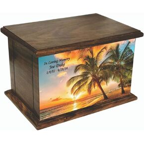 Peaceful Tropical Paradise Beach Sunset Human Adult Size Wooden Cremation Urn with Custom Personalization