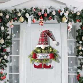 Christmas Wreath Gnome with Led String Lights, 28 Inch Hanging Santa Claus Sign, Pine Needle Christmas Wreath for Front Door, Christmas Decorations Wreath for Window Porch