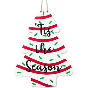 Christmas Tree-Shaped Wooden Hanging Door Sign, Cute Christmas Cake-Themed Door Plaque with Hanging String, Christmas Wooden Wall Pediment Porch Door Decor Supply for Indoor Outdoor