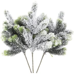 3Pcs Artificial Frosted Pine Branches Twigs 15.7" Faux Snow Flocked Pine Stems Winter Sprigs Fake White Greenery Pine Picks Sprays for Christmas Tree Flower Arrangement Vase Filler Garland Wreaths (3)