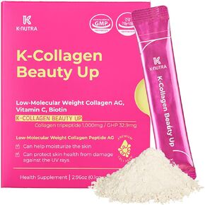 K-Collagen Beauty Up (2.96 oz, 28 Sticks) - Skin Elasticity, Hydration. Melt-in-Mouth Lemon Flavor Powder, Low-Molecular Marine Collagen Peptides