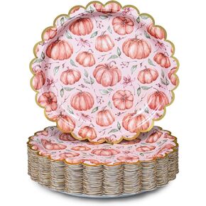 Thanksgiving Paper Plates, 50-Count Disposable Thanksgiving Dinner Plates, Scalloped, Party Supplies, Gobble Til' You Wobble
