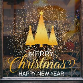 2 Sheet Large Christmas Tree Window Clings Foil Gold Xmas Tree Reusable Window Decals for Window Glass Showcase Display New Year Party Decor