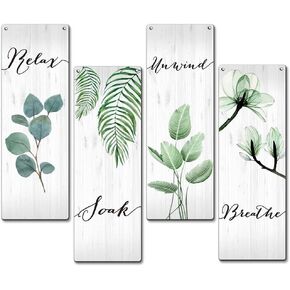 Bathroom Wall Decor Sign, 4 Pieces Bathroom Wooden Sign With Rope, Relax Soak Unwind Breathe Wall Art Decor For Farmhouse Home Bathroom Restroom, Artwork Gifts For Family Friend Colleague, B24
