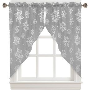Christmas Curtains Swag Valance Snowflake Gray Texture Rod Pocket Kitchen Curtains Winter Holiday Scalloped Window Treatment Valances Swag Curtains for Christmas Decorations, 1 Pair, 28"W x 36"L