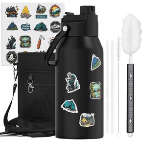 Insulated Water Bottle 64 oz, Triple Wall Vacuum Stainless Steel (Cold for 48 Hrs), Leak Proof, Half Gallon Water Flask Jug with 2-in-1 Drinking Lids & DIY Stickers