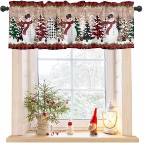 Curtain Valance for Windows Snowman Merry Christmas Rod Pocket Window Treatments Short Curtains for Kitchen Windows Bathroom Bedroom Snow Tree Retro Barn Wood Pattern 54x18 in