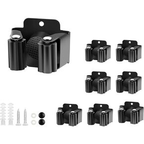 Broom Holder Wall Mounted 8 Pack Mop Clamp Clip Hanger Stainless Steel Organizer Gripper Mount Utility Rack with Installation Screws Self Adhesive for Shovel Handle Garden Tool Black