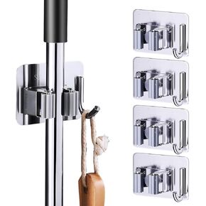 4-Pack Broom Holder Wall Mount |Self Adhesive, Stainless Steel, Super Anti-Slip| Space-Saving, Silver