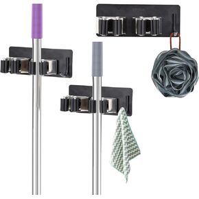Broom Holder Wall Mount, SUS304 Stainless Steel Mop Organizer, Heavy Duty Mop Broom Hanger with Hooks, Self Adhesive Storage Rack for Laundry Kitchen Garage Garden Storage, 3PCS
