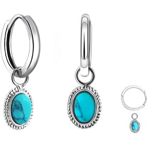 Two Way Wear 18k Plate 925 Sterling Silver Hoop Earrings for Women with Blue Oval Char (Hoop Dia:0.5in)