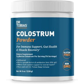 Dr. Tobias Colostrum Powder, Premium Bovine Colostrum Supplement for Immune Support, Gut Health & Muscle Recovery, 3g Per Serving, Minimum 30% IgG, Unflavored, 8 oz, 76 Servings
