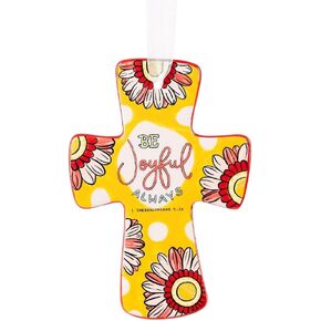 Glory Haus "Be Joyful Always Wall Cross - Ceramic Crosses Wall Decor, 4.5"x 6.5" Decorative Cross, Bright & Bold Patterns, Christian Decorations, Catholic Decor, Inspirational Crucifix Cross