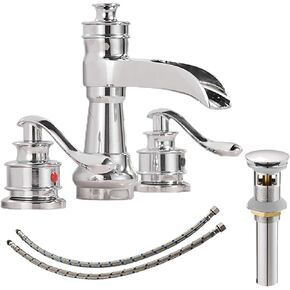 Widespread Bathroom Faucet Oil Rubbed Bronze Farmhouse Waterfall for Sink 3 Hole 2 Handle Lavatory Vanity 3 Piece Set 8 Inch Wide Spread Mounted with Pop Up Drain with Overflow