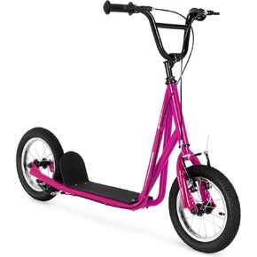 Goplus Youth Kick Scooter, Kids Kick Scooter W/ 12-Inch Air Filled Wheels, Carbon Steel Frame, Adjustable Handlebar, Front and Rear Dual Brakes, Ride On Toys for Adults Teens 8+